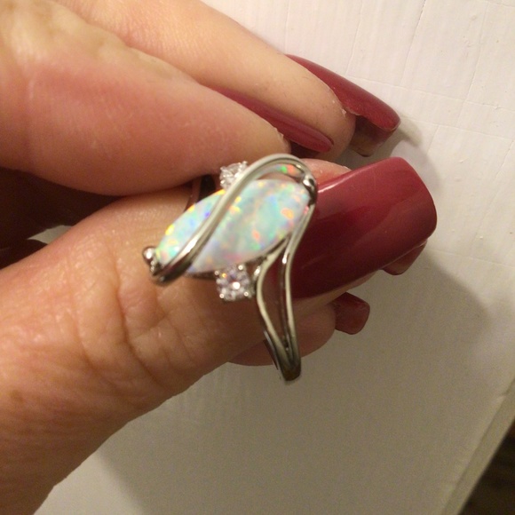 White Gold Plated Brass Created Fire Opal with cubic zirconia sz 6 - Picture 2 of 8